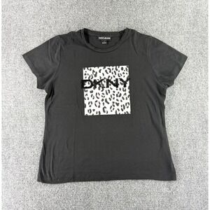 DKNY Jeans Womens Black Short Sleeve Leopard Print Logo Graphic T-Shirt Large